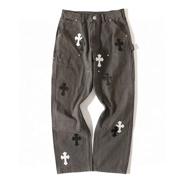Chrome Hearts Exclusive Double Knee Black Cross Patch Carpenter Pants  
